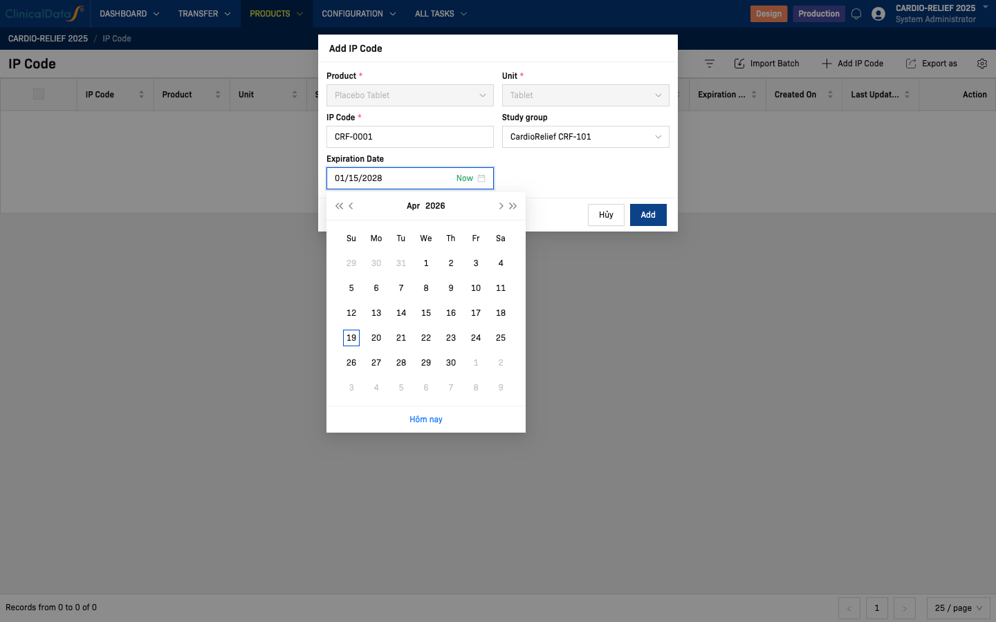 Add IP Code form — CRF arm filled