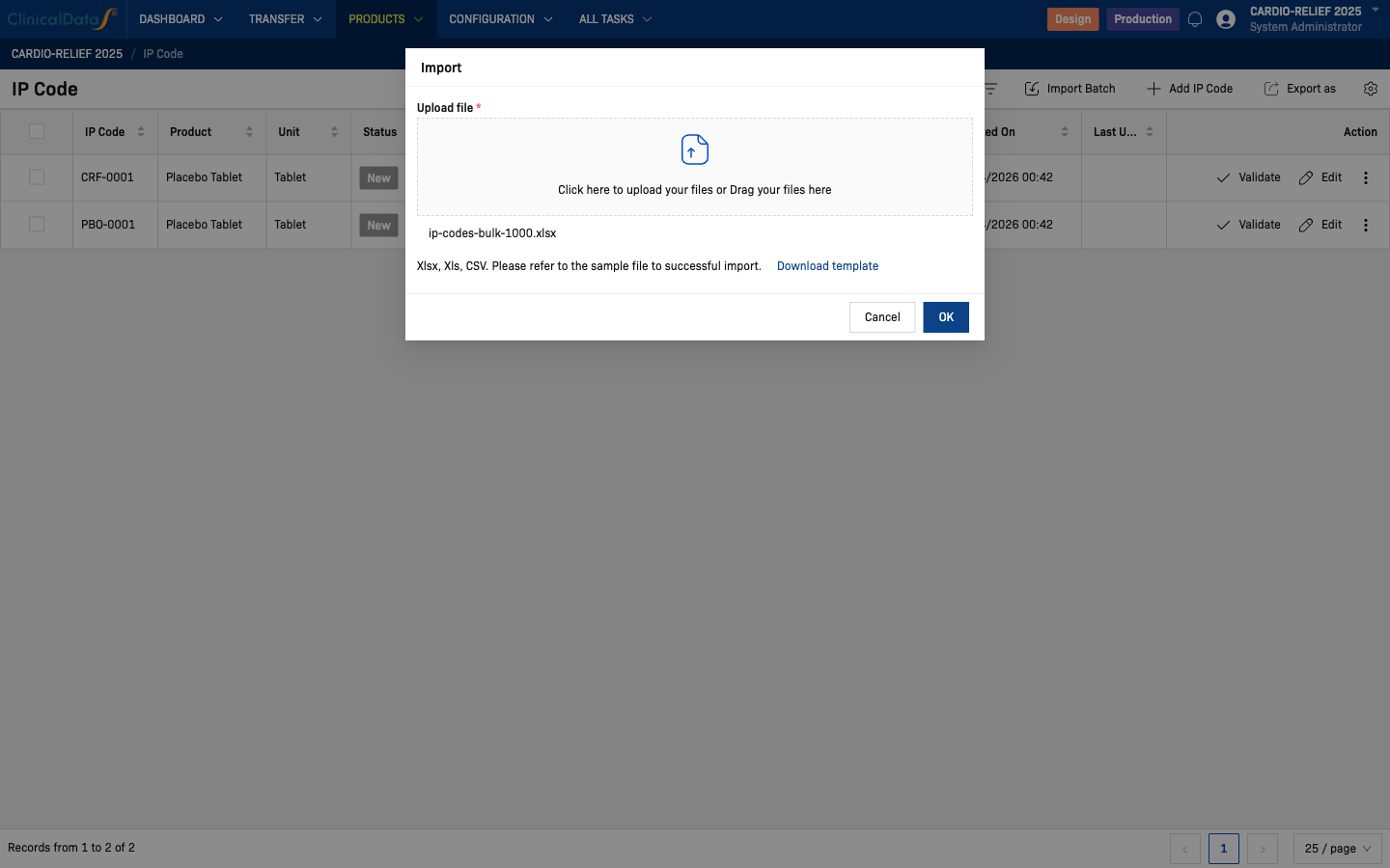 Import Batch dialog — file selected