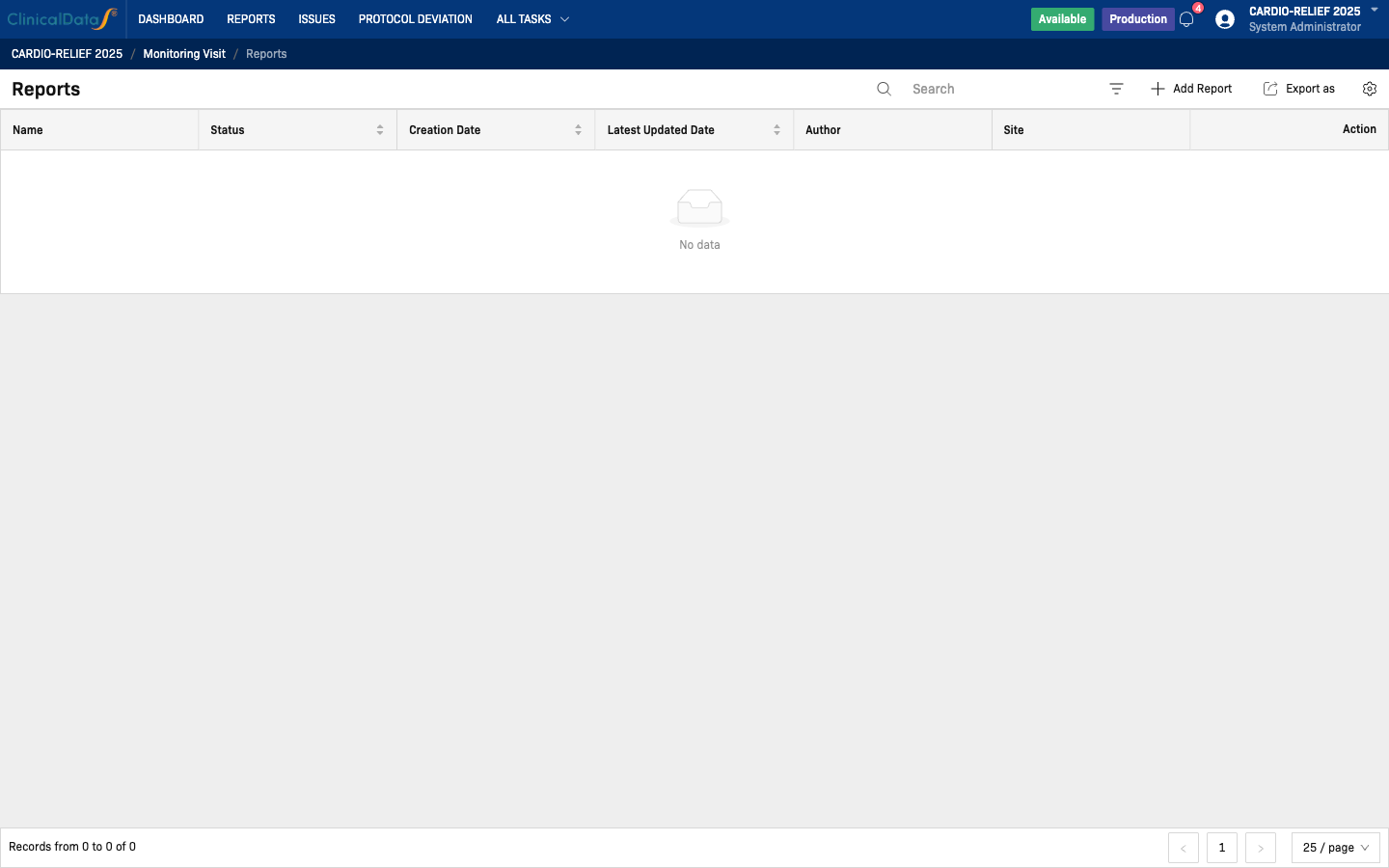 Monitoring Visit reports list used for role-based workflow validation