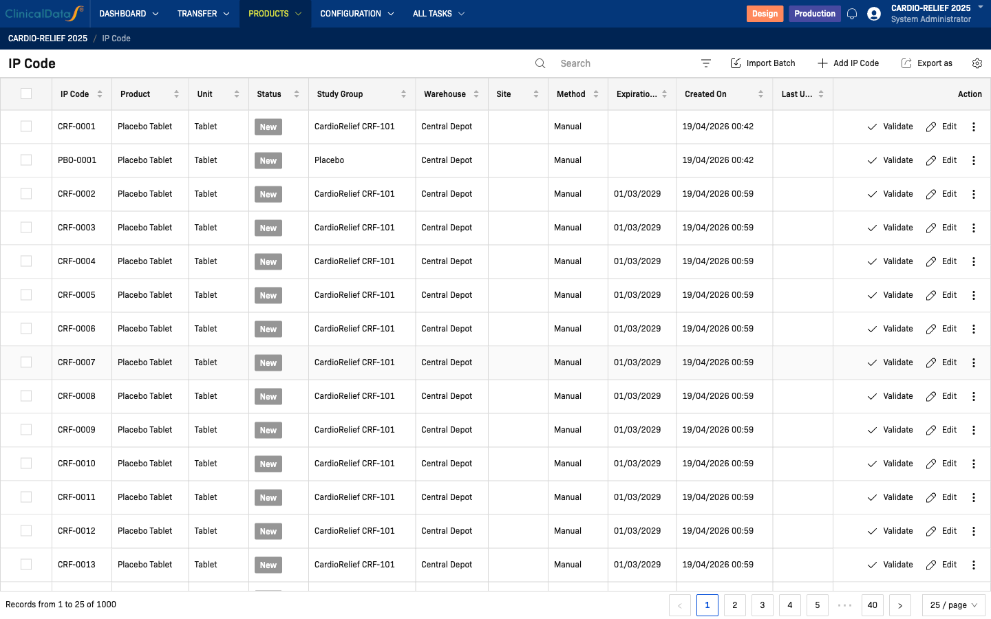 IP Code list after bulk import — 1000 records