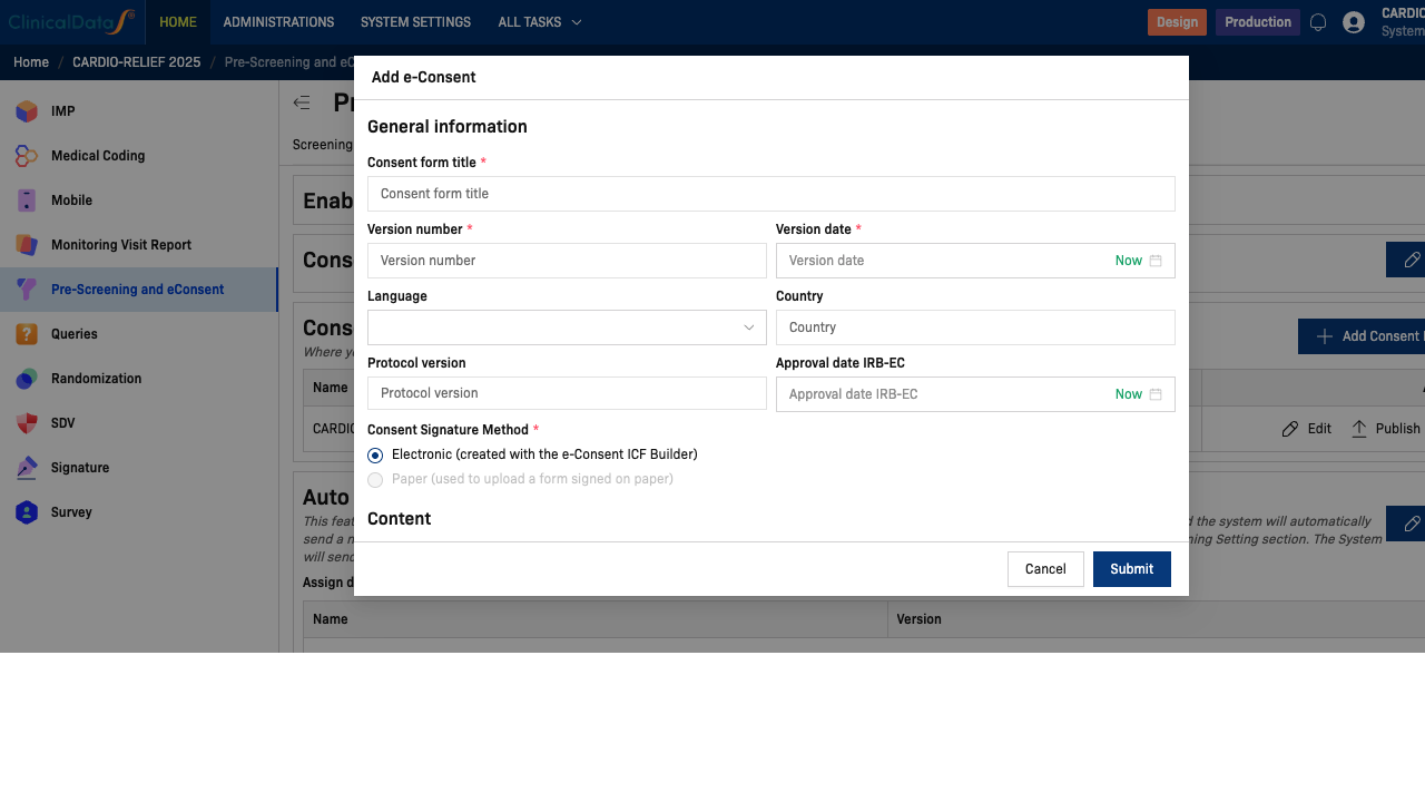 Add e-Consent dialog — Setting section showing Participant Signature and LAR options