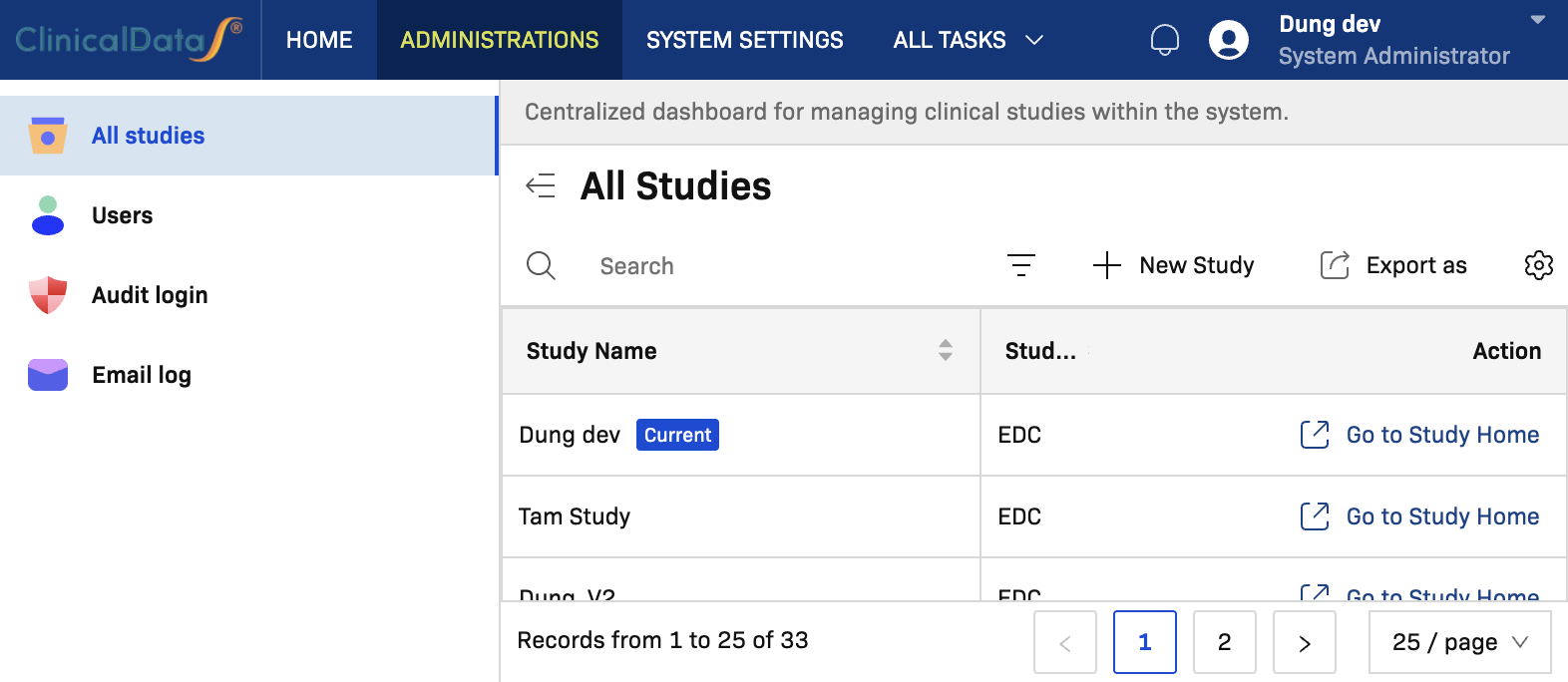 Step 1 - Open All studies and select New Study