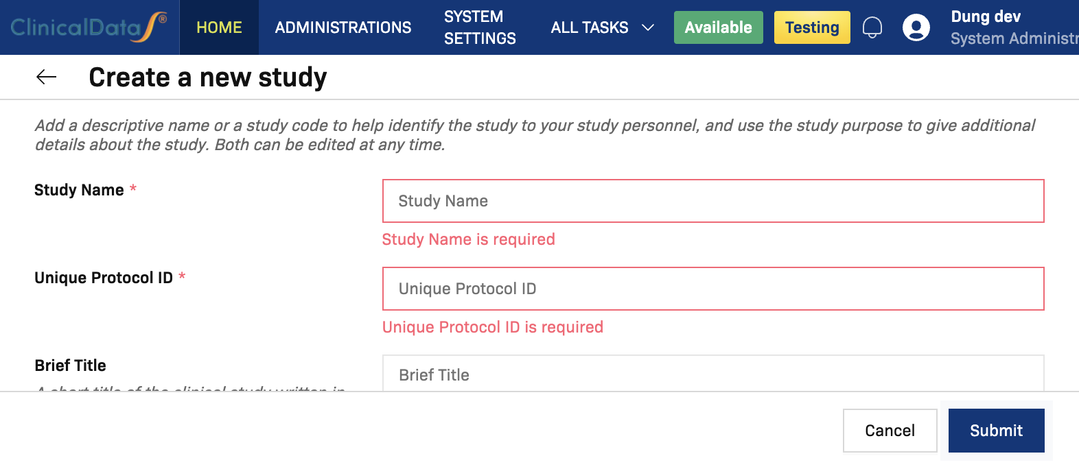 Step 3 - Validation messages after selecting Submit