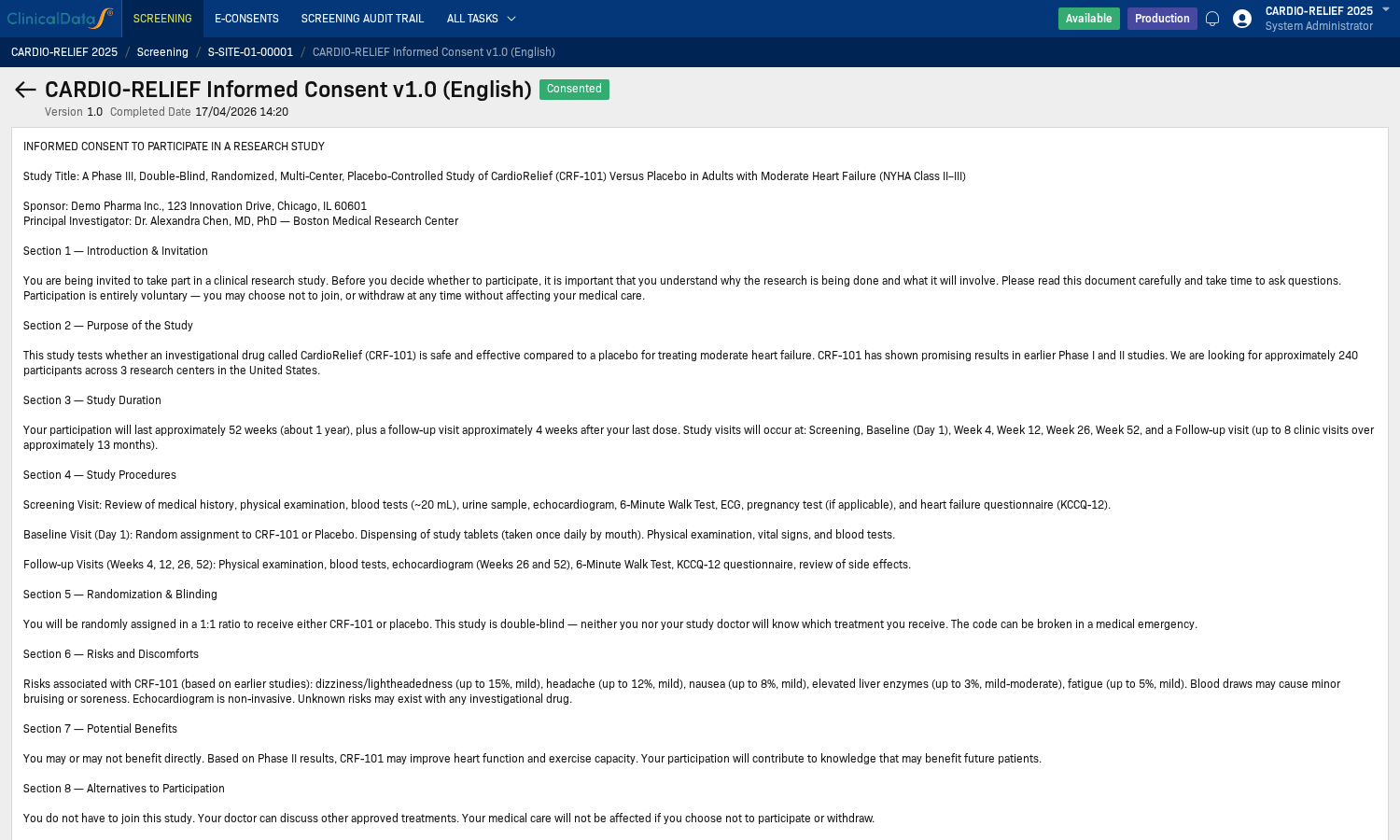 eConsent form showing ICF header and Consented status badge