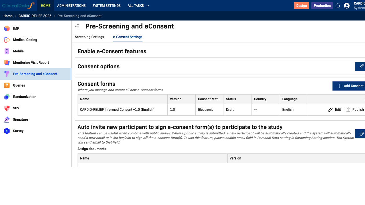 e-Consent Settings — Auto invite section with Assign documents table