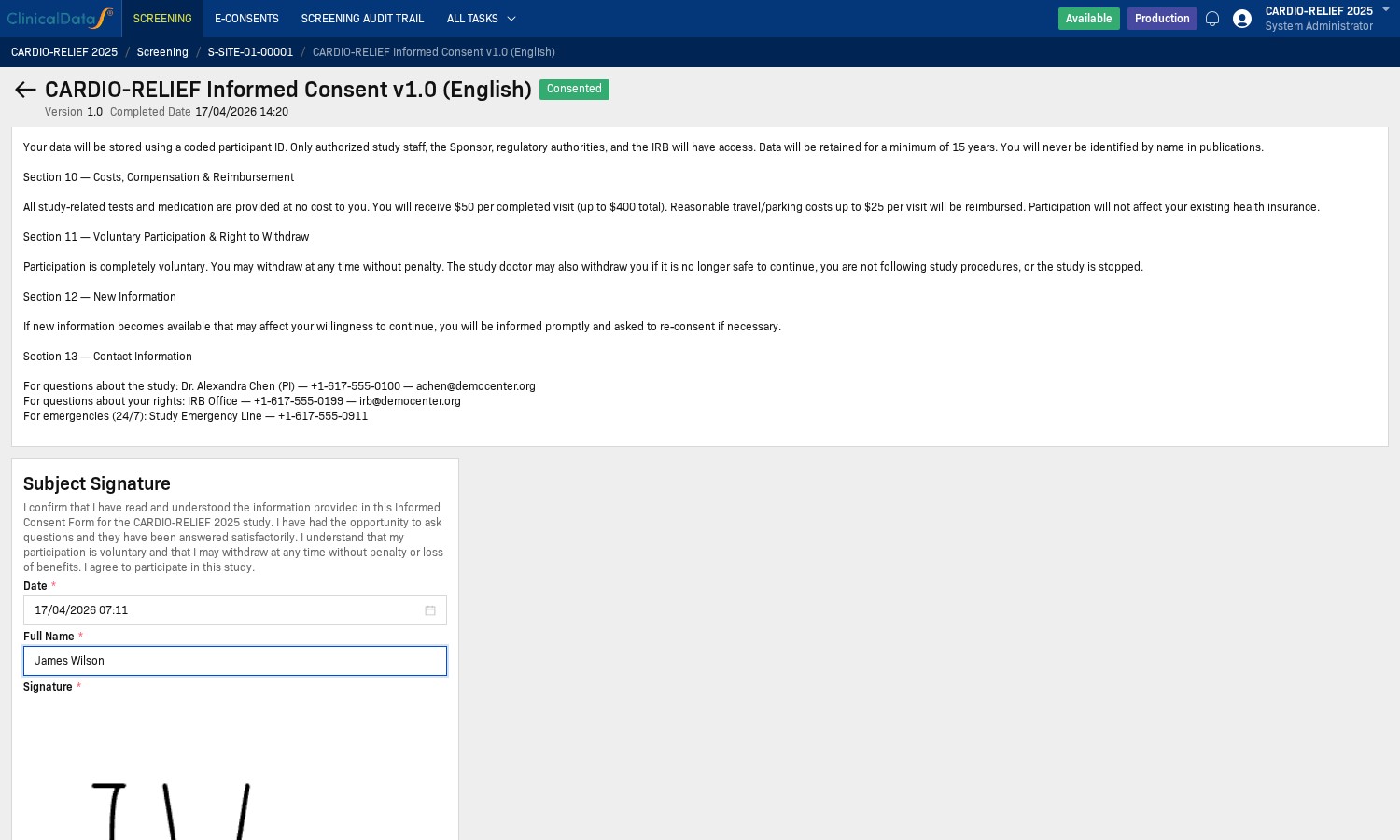 Subject Signature section with Date and Full Name fields filled in