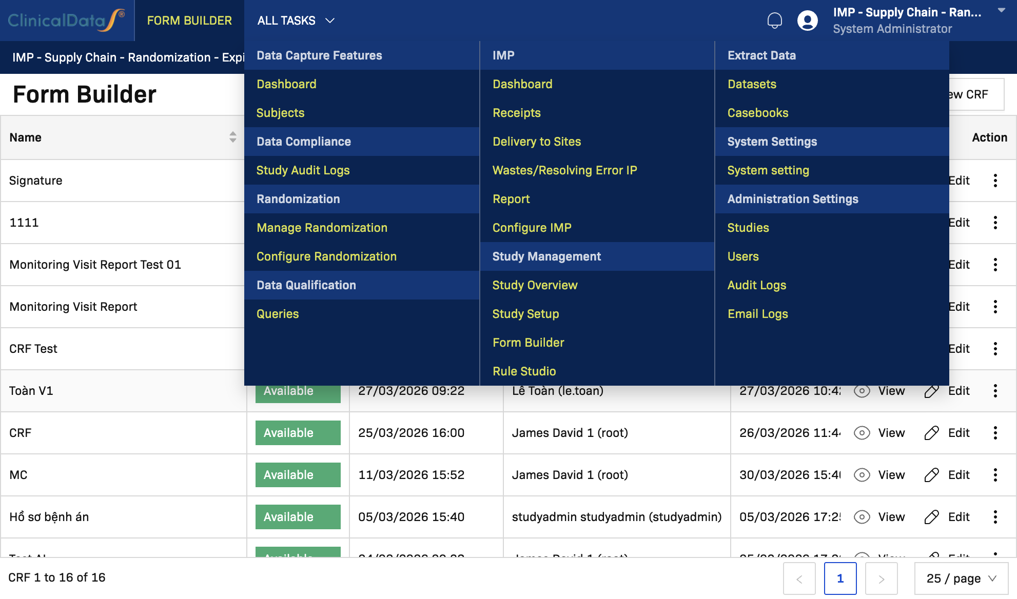 CRF row Share/Delete menu