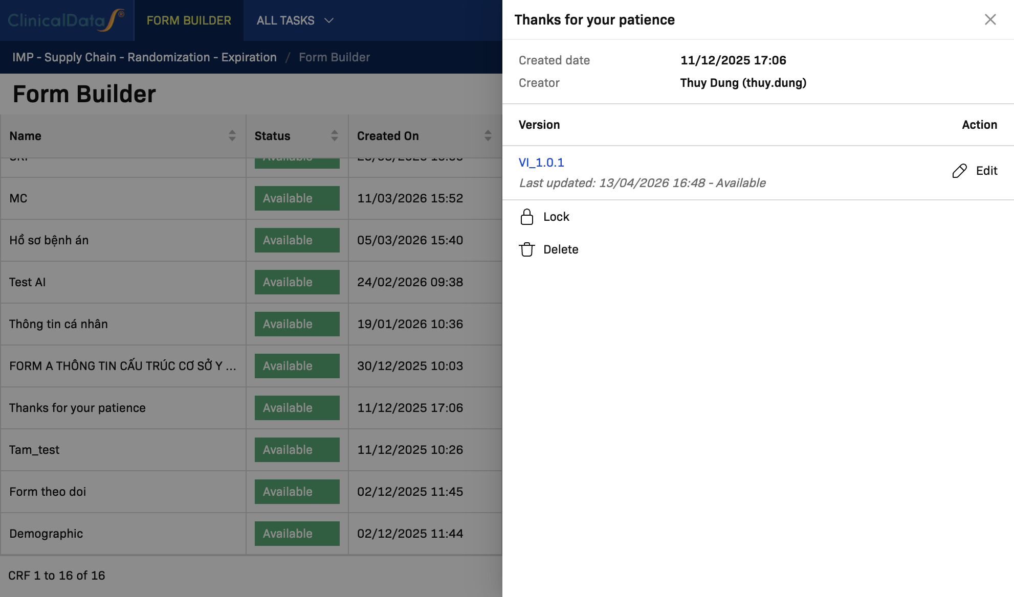 View CRF versions dialog