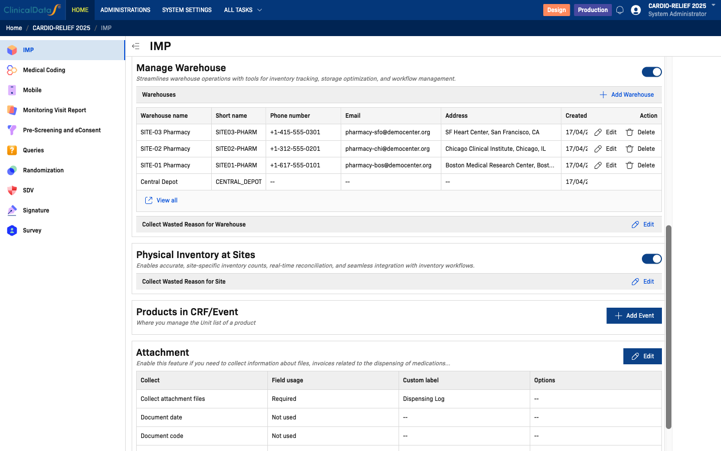 Warehouse list, Physical Inventory, Products in CRF/Event, and Attachment sections