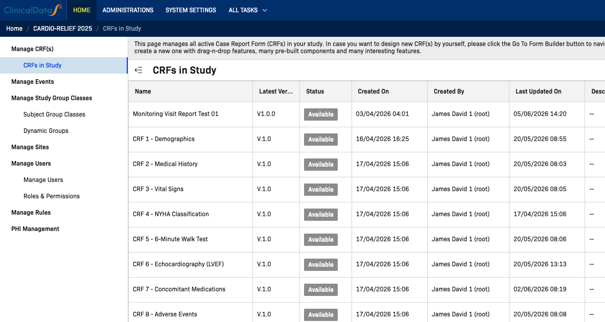 CRFs in Study Page