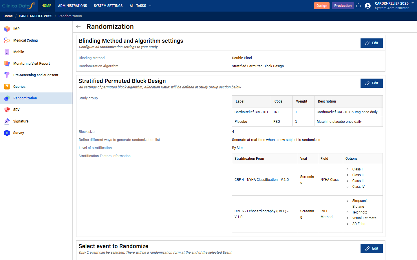 Randomization overview page with Stratified Permuted Block Design configured