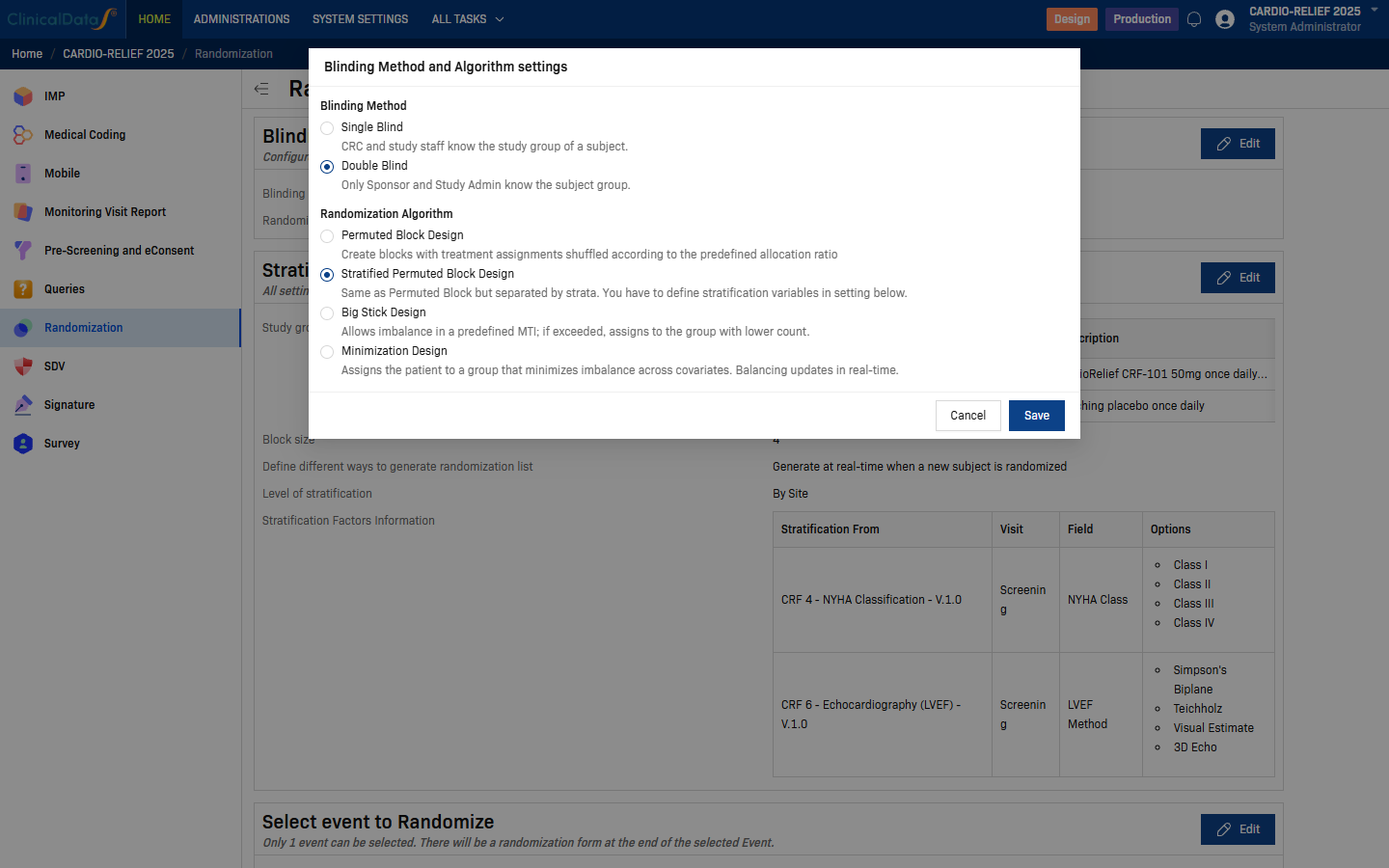 Blinding Method and Algorithm settings dialog — Stratified Permuted Block Design selected