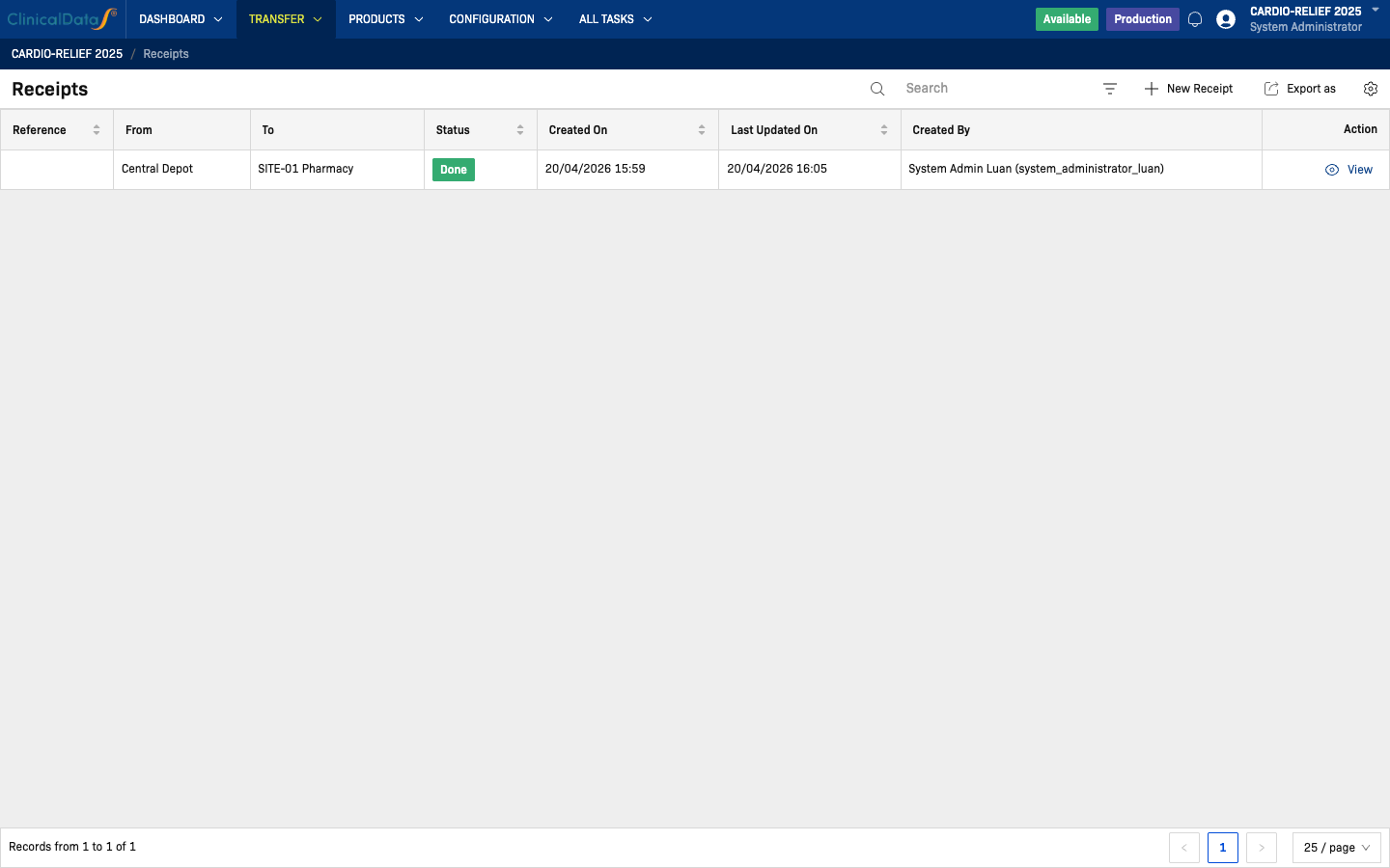 Receipts list page