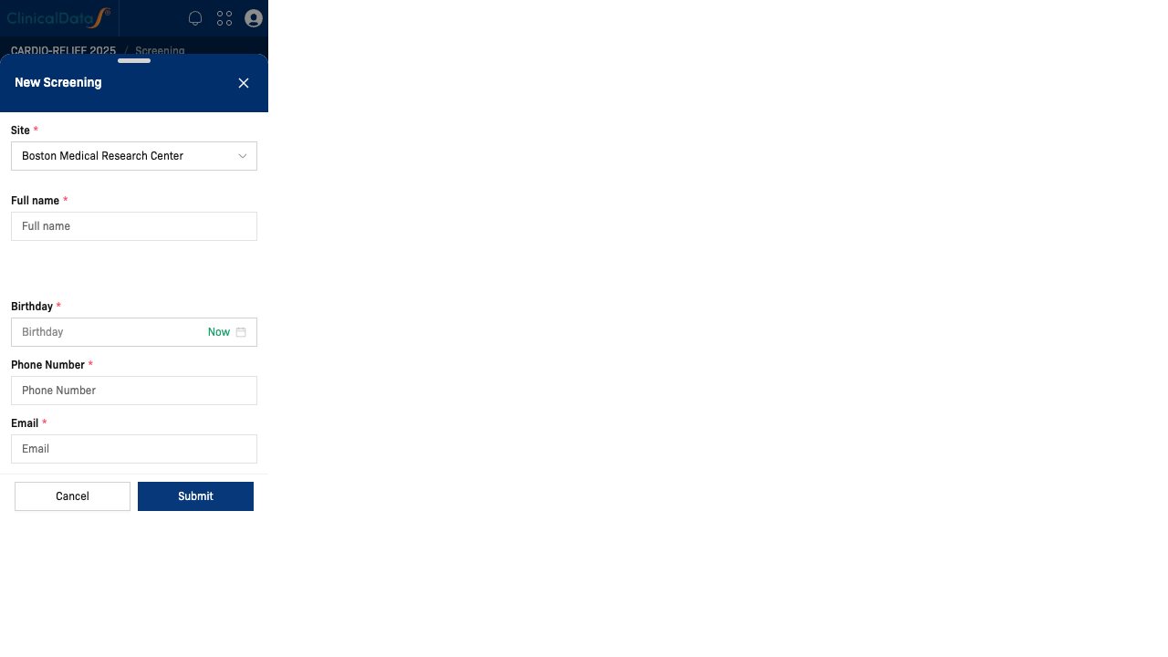 New Screening form with Site, Full name, Birthday, Phone Number and Email fields