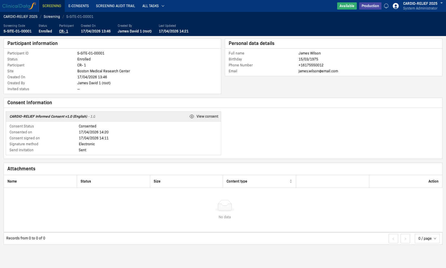 Participant record showing Consent Information with View consent link