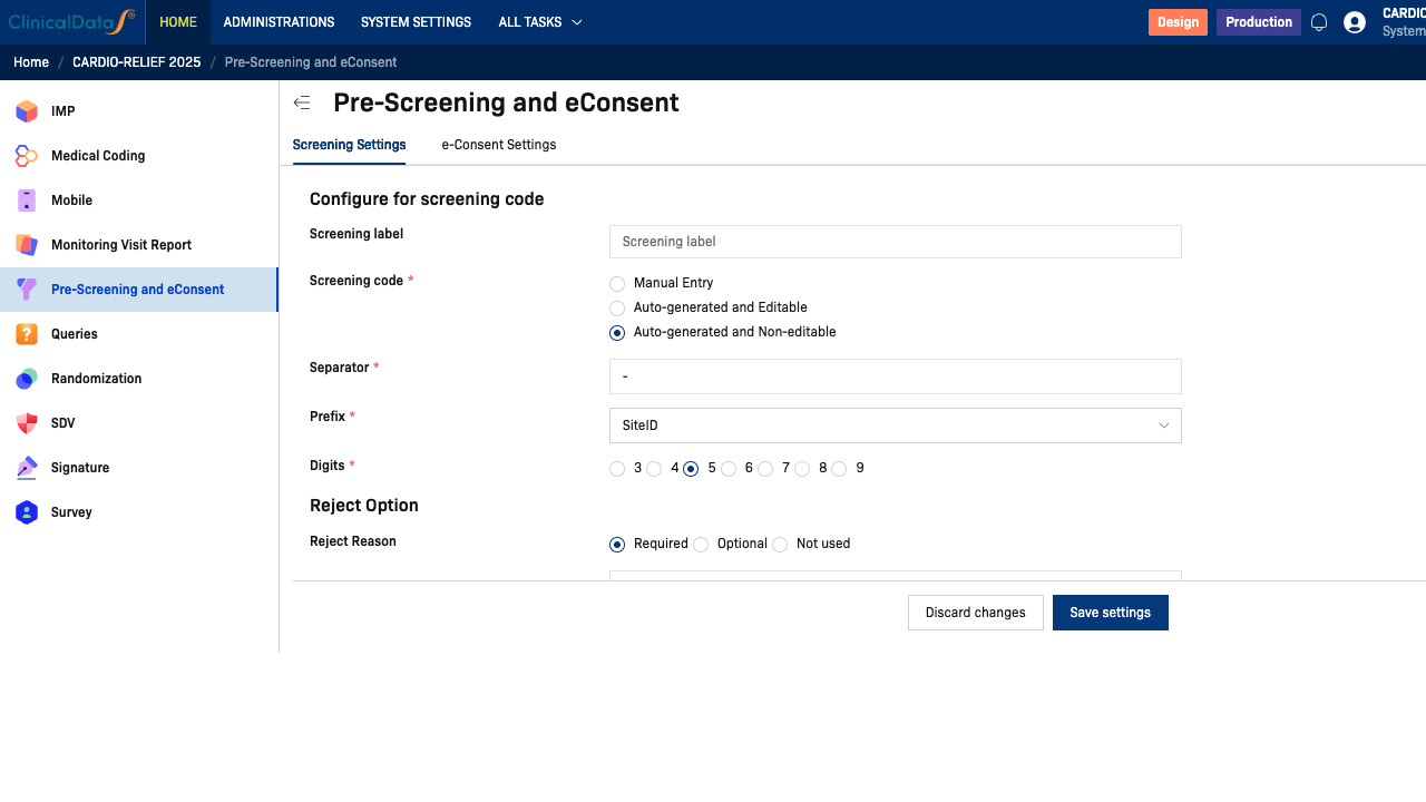 Screening Settings — top of the configuration page showing Screening Code Format and Reject Option sections