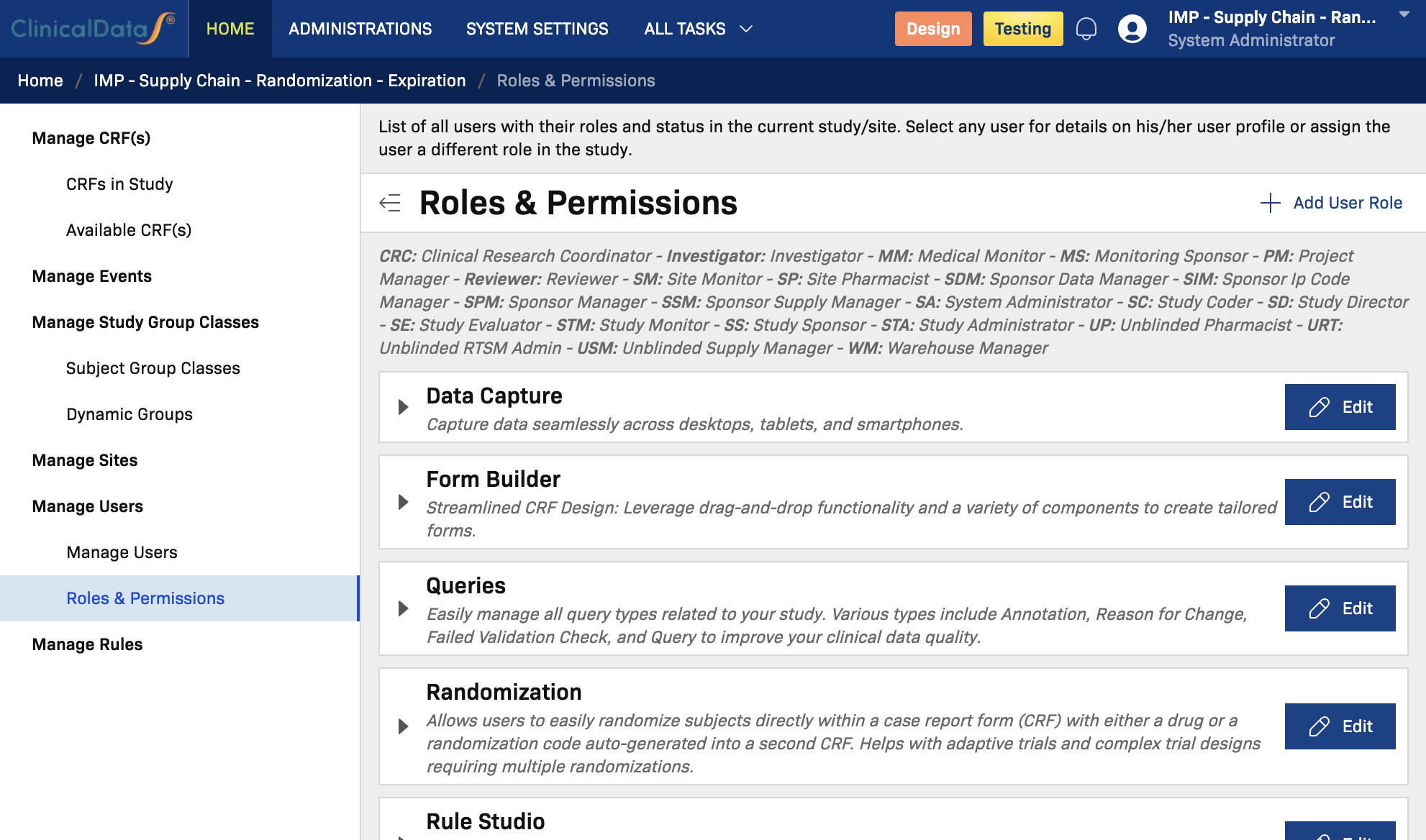Study-level Roles &amp; Permissions page